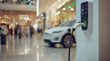 Wall Mural - An electric vehicle charging station is actively in use as shoppers move around the busy shopping mall, showcasing modern convenience. Generative AI