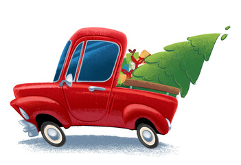 illustration car delivery christmas tree greeting card