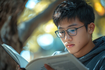 Close up of an Asian teenager reading a textbook while sitting under a tree on campus.