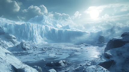 a stunning glacier landscape featuring towering ice formations and serene, reflective surface under 
