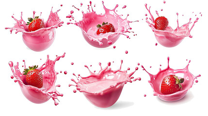 Poster - delightful pink milk splashes featuring fresh strawberries in motion generative ai