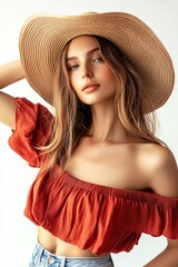 A stylish woman in a straw hat and red top, exuding summer vibes with a natural beauty and relaxed elegance.