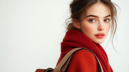 A stylish woman with a warm scarf, captured in a trendy look, showcasing beauty and elegance in a minimalist setting.