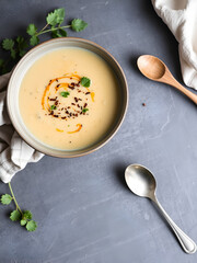 Homemade Mulligatawny cream soup, a traditional Indian colonial dish, presented on a gray slate background with copy space image.