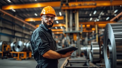 Aufkleber - Industrial Engineer with Digital Tablet Manages Production in Heavy Metal Fabrication Facility.