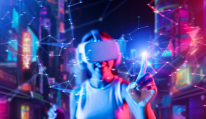 Blur of smart female stand in cyberpunk style building in wear VR headset connecting metaverse, future cyberspace community technology, Woman use index finger touch virtual object. Hallucination.