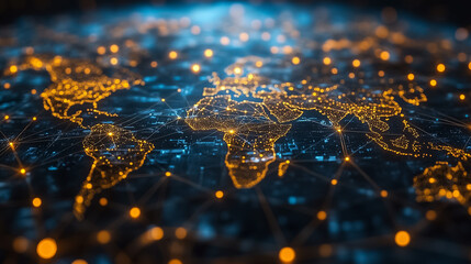 Poster - Network nodes illuminate the world map, highlighting connections between continents and showcasing global technology