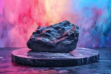 Canvas Print - A Striking Rock Sculpture on a Circular Marble Base Against a Colorful Abstract Background