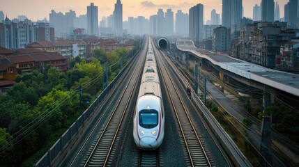 Poster - High-Speed Train Approaching Urban Skyline at Dusk