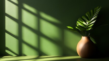 Wall Mural - A single plant in a terracotta pot sits on a green surface with a windowpane shadow.