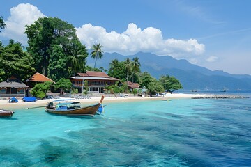 Wall Mural - Serene Tropical Paradise with Crystal Clear Waters and Lush Greenery