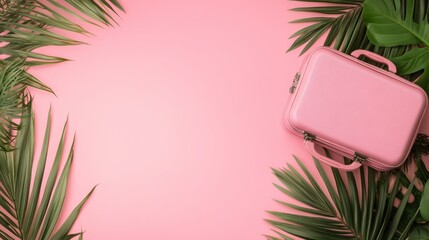 Aufkleber - This vibrant composition features a pink suitcase nestled among palm leaves, capturing a travel theme with tropical vibes. Generative AI