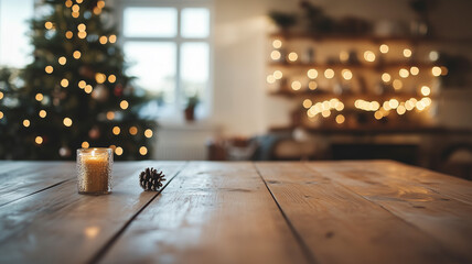 Wood dining table with copy space and christmas tree in the background, scandinavian interior. Scandinavian home interior design of modern living room. Background for Christmas poster, publicity poste