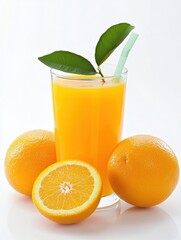 Poster - A glass of vibrant orange juice sits beside whole oranges, showcasing their freshness with a green straw and leaf garnish. Generative AI