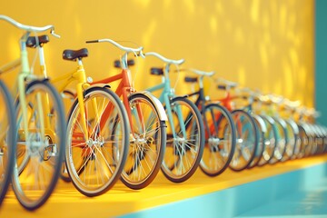 Poster - Colorful Display of Vintage Bicycles Against a Bright Yellow Background