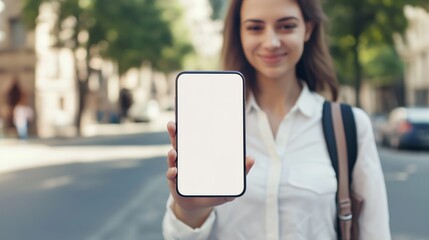 A person holding a smartphone with a blank screen on a city street, symbolizing digital connectivity and the modern use of technology in urban life, Generative Ai