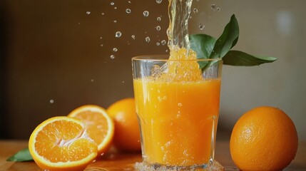 Poster - Freshly squeezed orange juice is being poured into a clear glass next to whole and halved oranges, showcasing vibrant colors and freshness. Generative AI