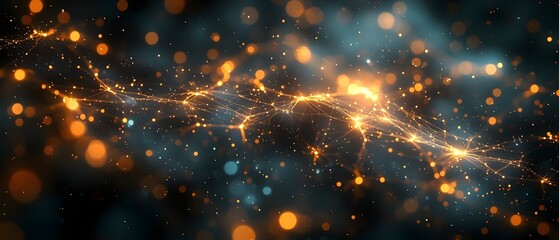 Poster - A stunning abstract representation of a network of glowing particles, showcasing vibrant orange and blue hues against a dark backdrop, creating a dynamic and energetic atmosphere.