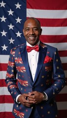 Senior African American male donning patriotic American attire amidst an American flag during Independence Day celebration