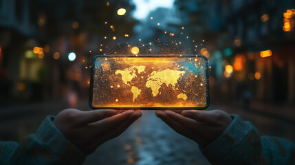 Poster - A person holds a smartphone projecting a glowing hologram of a world map amidst city lights at dusk