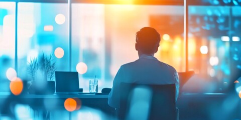 Aufkleber - A person sits in modern office with laptop. The room is bright and colorful, showing vibrant reflections. This image conveys a sense of focus and productivity. Ideal for corporate themes. AI