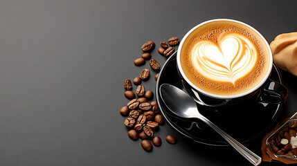 beautifully crafted latte with heart shaped design sits elegantly in black cup, surrounded by coffee beans and spoon, evoking warmth and comfort