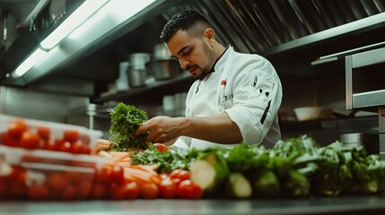 A chef preparing food in a busy restaurant kitchen