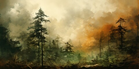 Wall Mural - Misty forest scene with tall trees