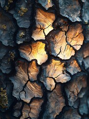 Sticker - Close-up of a textured tree bark showing intricate patterns and glowing patches of light, creating a warm and natural ambiance.