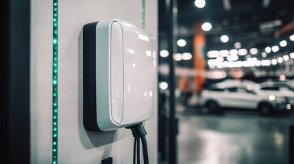 A detailed view of a charging station mounted on a wall, showcasing illuminated indicators in a contemporary garage setting. Generative AI