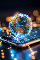 Poster - A smartphone displays a glowing hologram of the Earth, illustrating a global network connected by digital lines