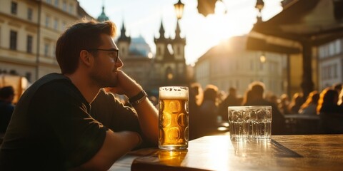 Wall Mural - Enjoying a refreshing beverage in a lively outdoor cafe. The sun sets, creating a warm and inviting atmosphere. Perfect for relaxation and socializing.