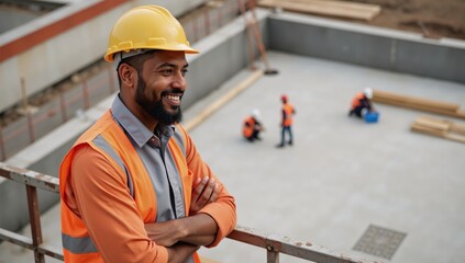 portrait of an african american construction pro supervising work with smile helment vest