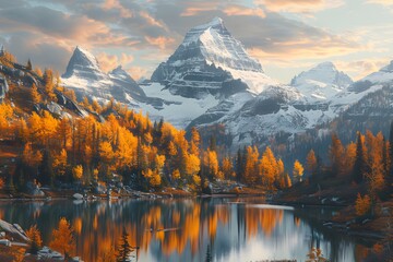 Wall Mural - Majestic Autumn Landscape with Snow-Capped Mountains and Reflective Lake