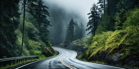 Wall Mural - Winding road through misty forest