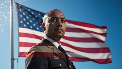 An African-American veteran salutes before an American flag in a memorial setting evoking patriotism on Independence Day