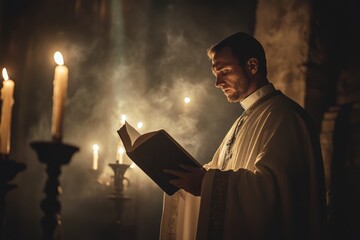 Priest performing a sacred ritual with candles, smoke, and holy scriptures, signifying exorcism.