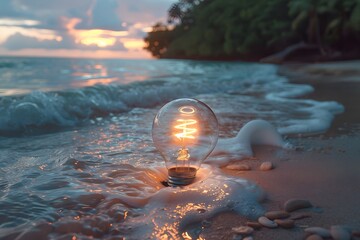 Wall Mural - Illuminated Ideas: A Light Bulb on a Serene Beach at Sunset