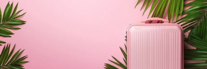 Fototapete - A chic travel suitcase sits alone against a pink backdrop, embraced by lush palm leaves, suggesting a tropical getaway. Generative AI