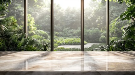 A refined product display background featuring a marble surface, framed by a blurred view of large windows and a lush garden, with space for copy