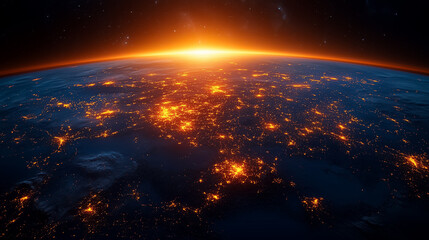 Poster - Urban areas glow at sunrise, showcasing vibrant connectivity and technological advancement on Earth