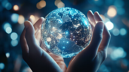 Poster - two hands hold a luminous holographic earth, symbolizing connection and innovation in a futuristic s