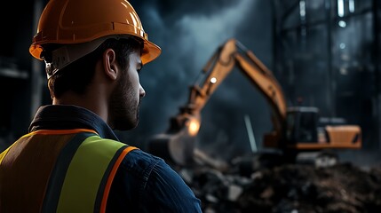 Construction worker in hardhat and safety vest looking at an excavator in a demolition site.