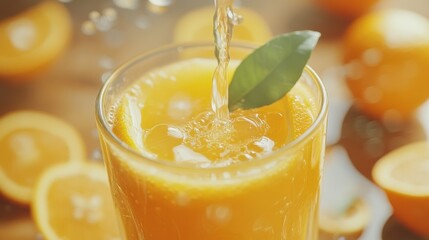 Poster - A tall glass of cold orange juice is being poured, garnished with a green leaf, surrounded by fresh orange slices on a bright morning. Generative AI