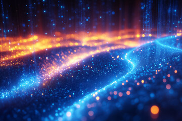 Poster - Fiber optic cables emit a brilliant blue light, creating an abstract ambiance that suggests movement and connectivity