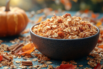 Wall Mural - Seasonal granola mixes with pumpkin seeds and cinnamon are popular autumn snacks. Concept of autumn snacks.