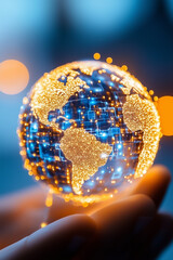 Poster - A smartphone projects a luminous hologram of the Earth, showcasing a vibrant global network in a modern setting