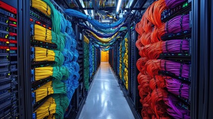 Poster - A data center filled with servers and colorful network cables for efficient connectivity.