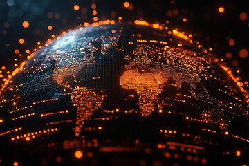 Poster - The globe displays illuminated lines connecting various regions, highlighting global interactions and data networks