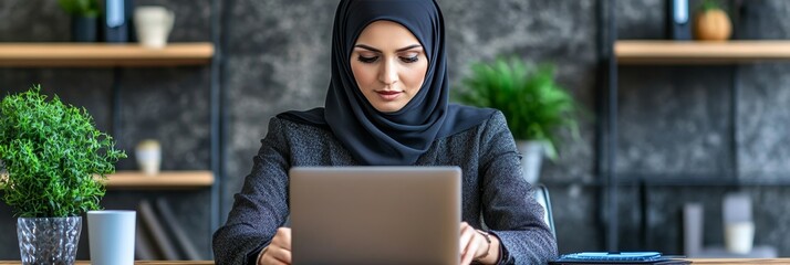 Confident Muslim Businesswoman in Hijab Focused on Laptop, Working Remotely in a Modern Home Office